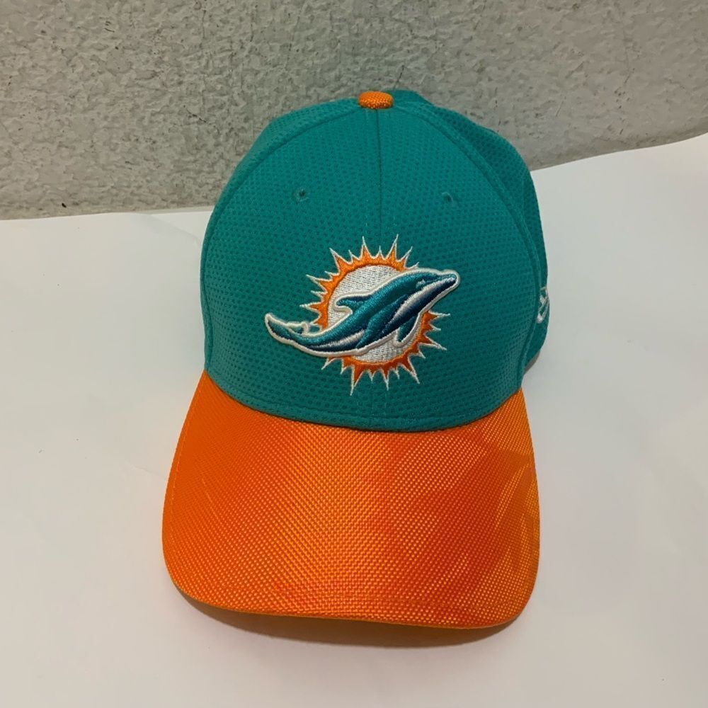 New Miami Dolphins Football Fitted Hat New Era 39Thirty NFL Go Fins Aqua Orange